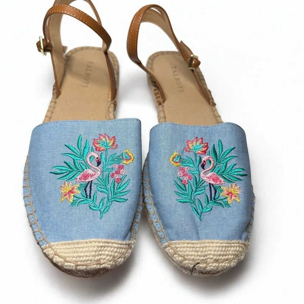 TALBOTS Espadrille Sandals Size 9.5 Chambray Izzy D'Orsay Embroidered Flamingo